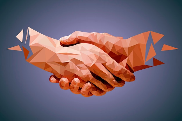 Vetor mãos de baixo poli, parceiros de aperto de mão, símbolo de amizade ou parceria de negócios. ilustração vetorial