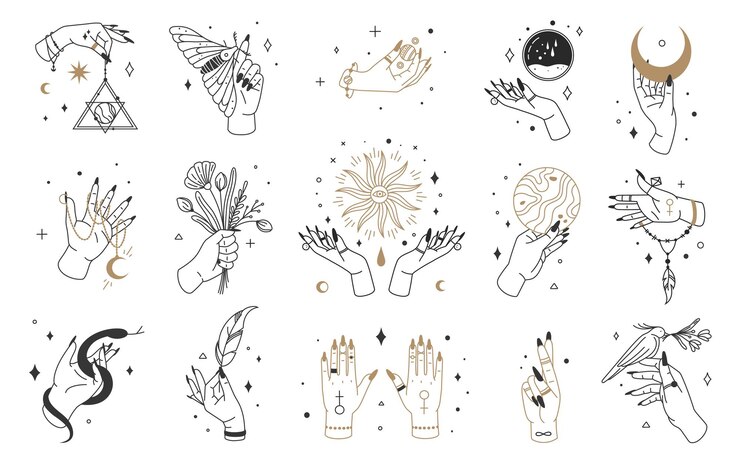 Mãos de bruxa mística logotipo elementos esotéricos lua de cristal mágico joias boho bruxaria cartas de tarô