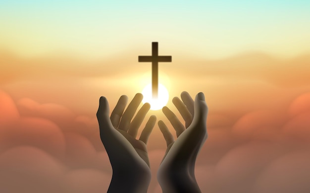Mãos de cartas religiosas no fundo do pôr-do-sol cruz cristã vector