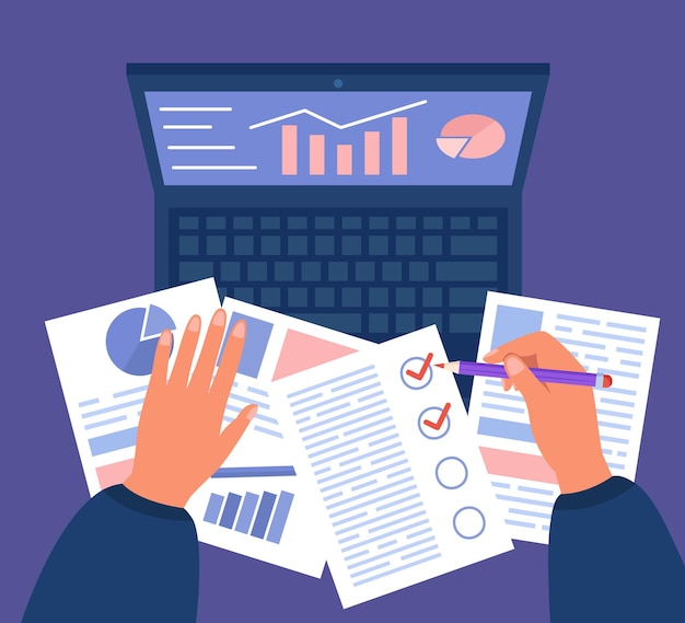 Mãos de contador com documentos e computador. Analista ou trabalhador de escritório analisando o crescimento dos negócios, fazendo pesquisa ilustração vetorial plana. Tecnologia, conceito de finanças para banner ou design de site