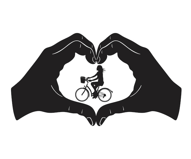 Mãos de coração com silhueta artesanal de menina e bicicleta