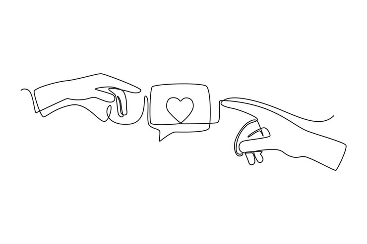 Mãos de desenho de uma única linha compartilhando amor nas mídias sociais Conceito de mídia social Design de desenho de linha contínua ilustração em vetor gráfico