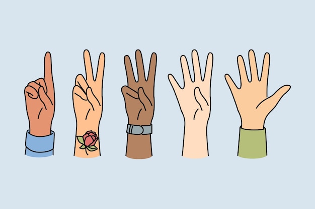 Mãos de diversas pessoas mostrando gestos
