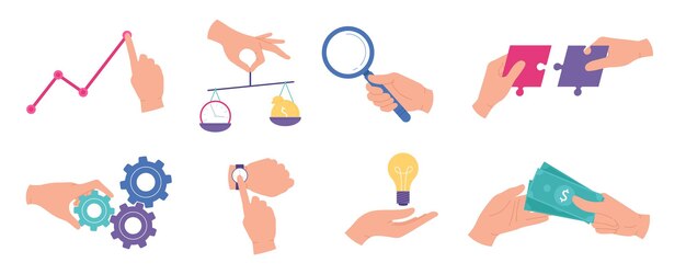 Mãos de empresário. Análise de negócios e estatística, trabalho de pesquisa, trabalho em equipe, gerenciamento de tempo, ideias criativas e conjunto de vetores de conceitos de auditoria. Pesquisa de negócios de ilustração e ideia em mãos