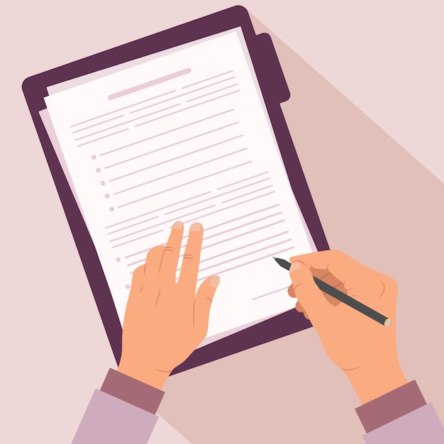 Mãos de empresário segurando uma caneta assinando documento contrato contrato legal ilustração vetorial