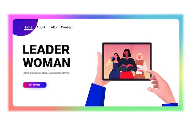 Mãos de empresário usando tablet pc discutindo com líderes de mulheres de negócios de raça mista durante videochamada conceito de comunicação virtual retrato cópia horizontal espaço ilustração vetorial
