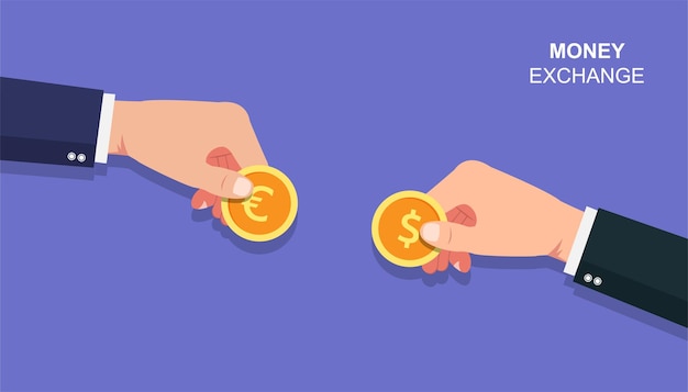 Mãos de empresários segurando uma moeda do conceito de euro e dólar. ilustração de troca de dinheiro