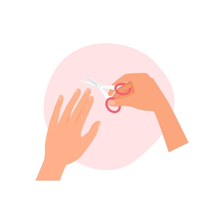 Vetor mãos de meninas cortar unhas e cutículas com tesoura manicure instrução de cuidados com a pele