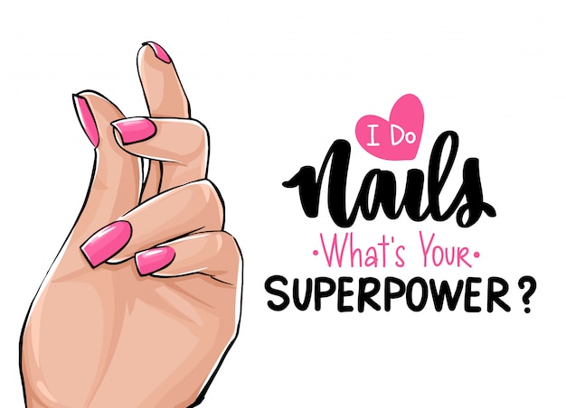 Mãos de mulher bonita com esmalte rosa. Letras manuscritas sobre unhas.