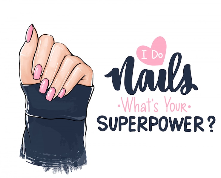 Vetor mãos de mulher bonita com esmalte rosa. letras manuscritas sobre unhas.