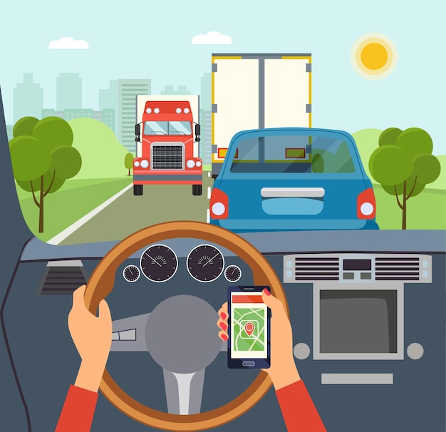 Mãos de mulher de um motorista no volante de um carro. Ilustração vetorial.