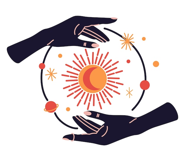 Mãos de mulher mágica com fases da lua Alquimia esotérica mística mágica talismã celestial com mão de mulher Objeto de ocultismo espiritual Ilustrações vetoriais desenhadas à mão isoladas