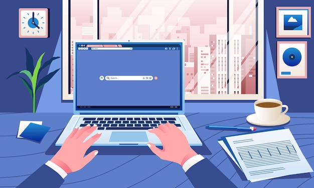 Mãos de negócios digitando no café do teclado do laptop e documento no navegador de mesa na tela Conceito de mesa de escritório paisagem da cidade na vista da janela