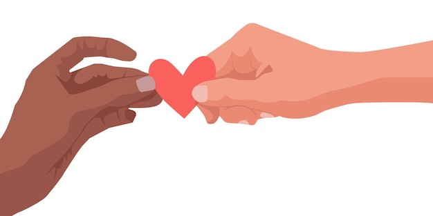 Vetor mãos de pessoas multiculturais segurando um coração. dê e compartilhe amor com as pessoas, cuide amor.