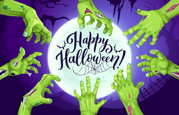 Mãos de zumbis e lua cheia à meia-noite de Halloween