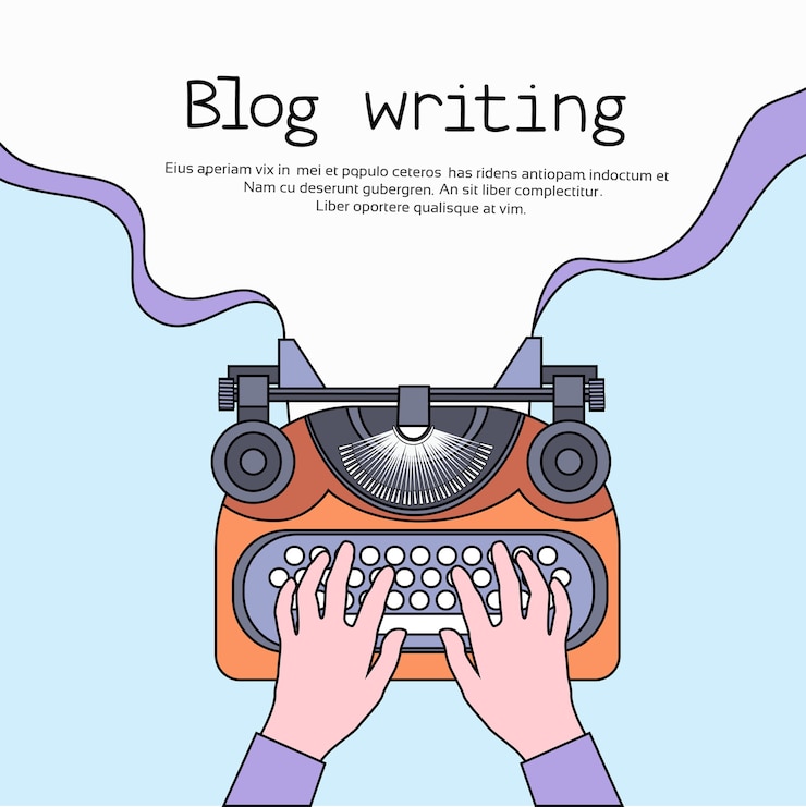 Vetor mãos, digitando, texto, blogue, typewrite, cópia, espaço