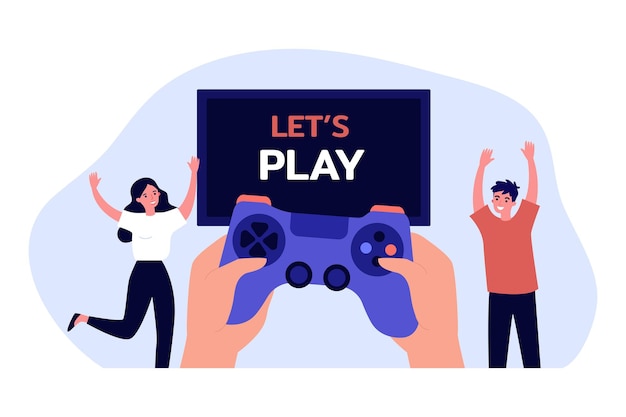 Mãos do jogador com gamepad jogando videogame no console. pessoas minúsculas com controlador para ilustração em vetor plana play station. conceito de entretenimento para banner, design de site ou página de destino