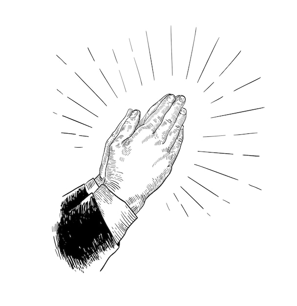 Mãos dobradas em oração desenhadas com linhas de contorno pretas no branco