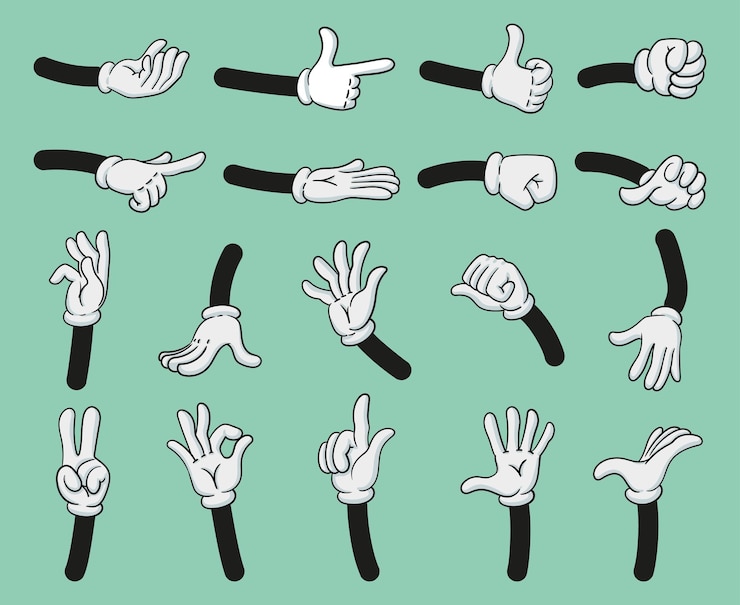 Vetor mãos dos desenhos animados gestos conjunto de ilustração vetorial de partes do corpo de personagens de quadrinhos