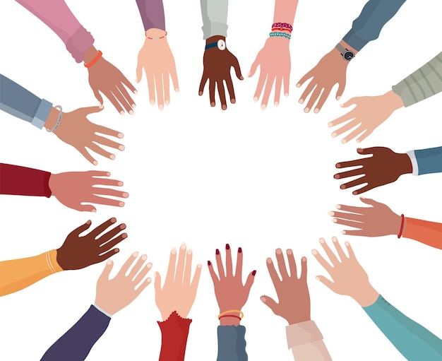 Vetor mãos e braços coloridos isolados de pessoas multiculturais de nações diferentes no círculo igualdade