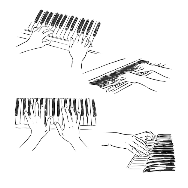 Mãos e teclas de piano gravando ilustração vetorial; tocando a ilustração de desenho vetorial de piano