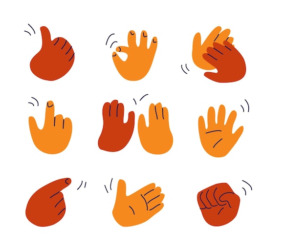 Mãos engraçadas desenhadas em um estilo simples de rabisco representando diferentes gestos
