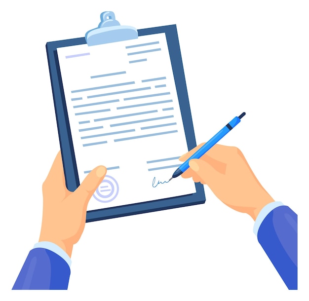 Vetor mãos escrevendo assinatura no documento conceito de contrato de assinatura