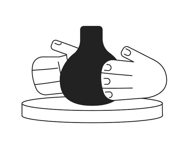 Mãos fazendo vaso de cerâmica monocromático objeto vetorial plano arte decorativa editável ícone de linha fina preto e branco simples desenho animado clip art spot ilustração para web design gráfico