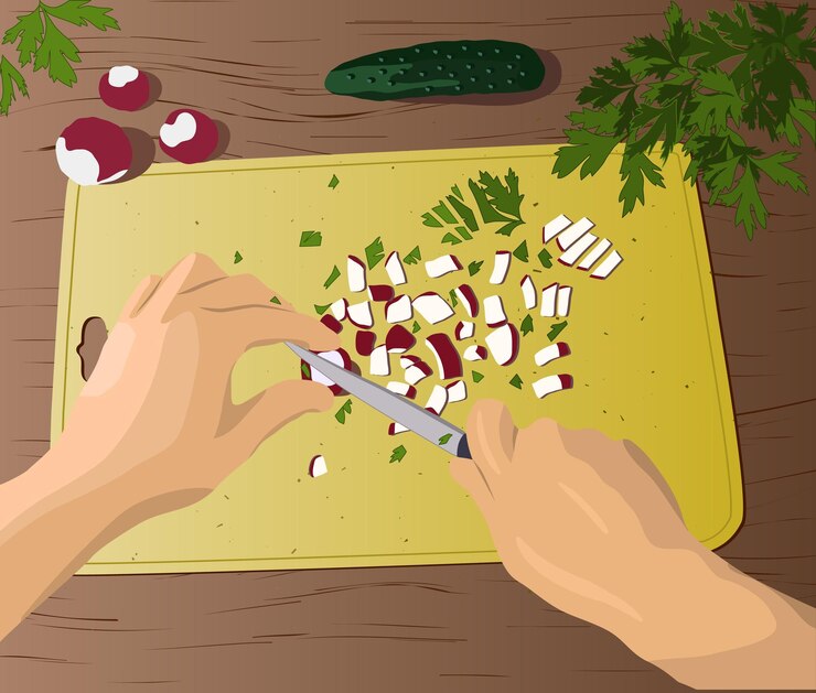 Vetor mãos femininas cortadas com salsa de rabanete faca na tábua amarela