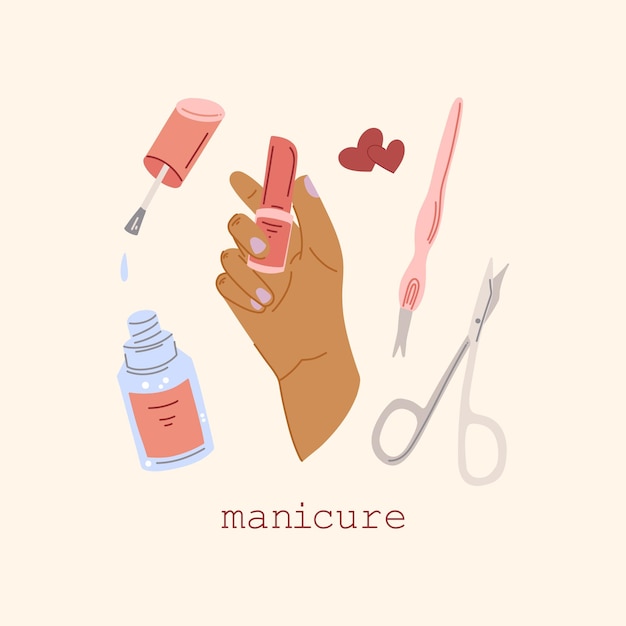 Mãos femininas e acessórios de manicure Ilustração vetorial desenhada à mão de unhas pintadas