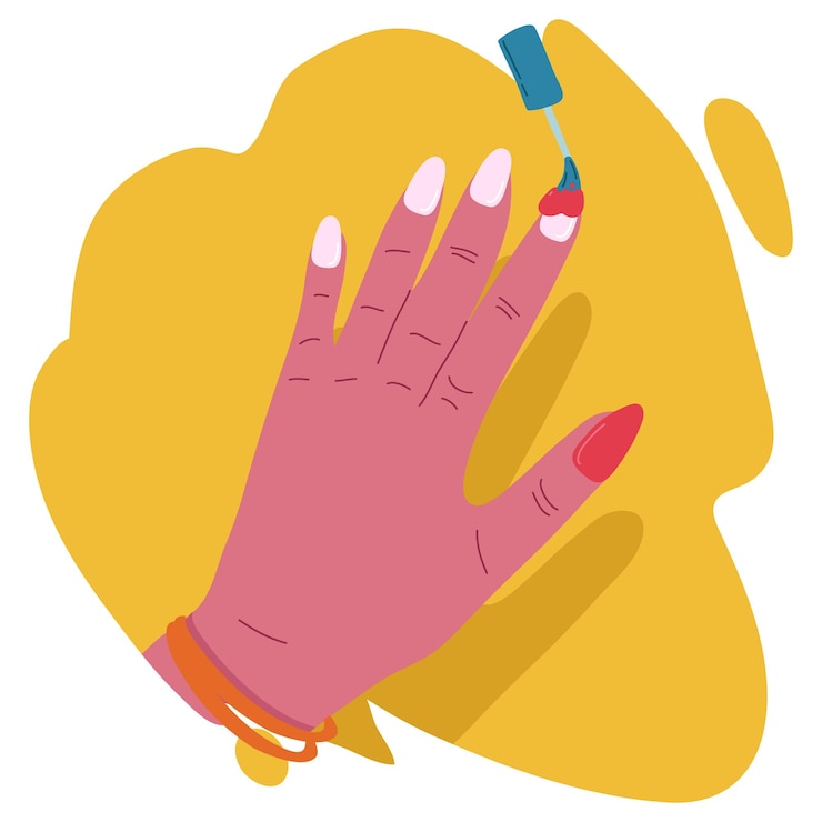 Vetor mãos femininas recebendo um processo de manicure aplicação de esmalte vermelho
