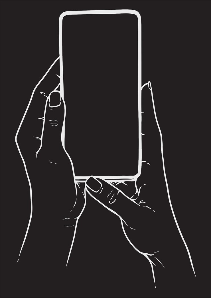 Vetor mãos femininas segurando ilustração de arte de linha de telefone móvel em fundo preto