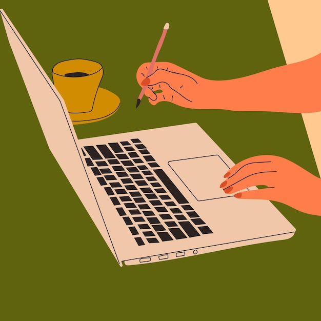 Mãos femininas trabalhando no laptop. Café na mesa de trabalho. Ponto de vista na tela do Laptop.