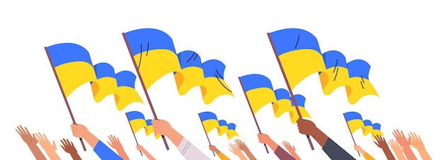 mãos humanas de raça mista segurando a bandeira ucraniana ore pela paz da Ucrânia salve a Ucrânia da rússia pare o conceito de guerra ilustração vetorial horizontal