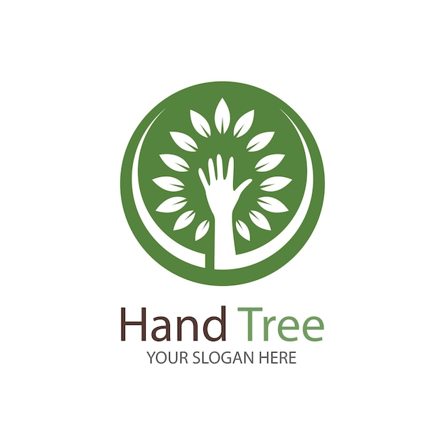 Mãos humanas e árvore com folhas verdes. Design de modelo de vetor de ilustração de ícone de símbolo de logotipo