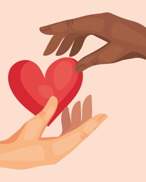 Mãos humanas inter-raciais segurando um coração