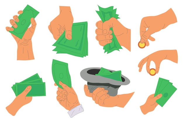 Mãos humanas seguram dinheiro de papel apoia coleção de mãos humanas planas de desenho animado com dinheiro em dinheiro