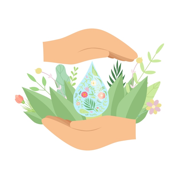 Vetor mãos humanas segurando gotas de água doce folhas e flores verdes poupem água proteção ambiental ecologia conceito ilustração vetorial em fundo branco