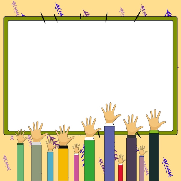 Mãos levantadas apontando para o quadro branco com informações importantes Grande suporte de texto branco atrás do objeto principal contém mensagem Balão de fala vazio em fundo colorido