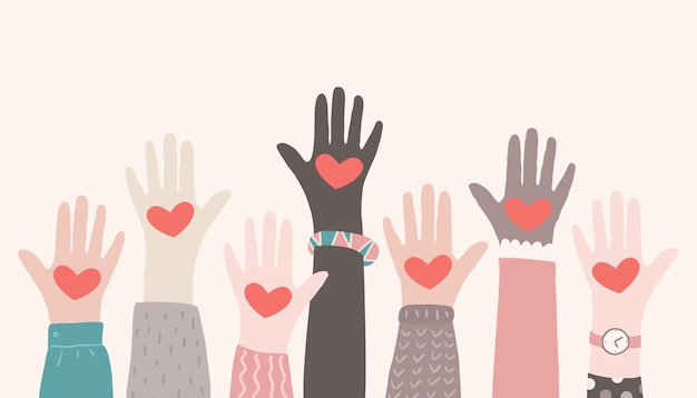 Mãos levantadas, voluntariado, parceria de caridade, conceito multirracial mãos com corações se erguendo