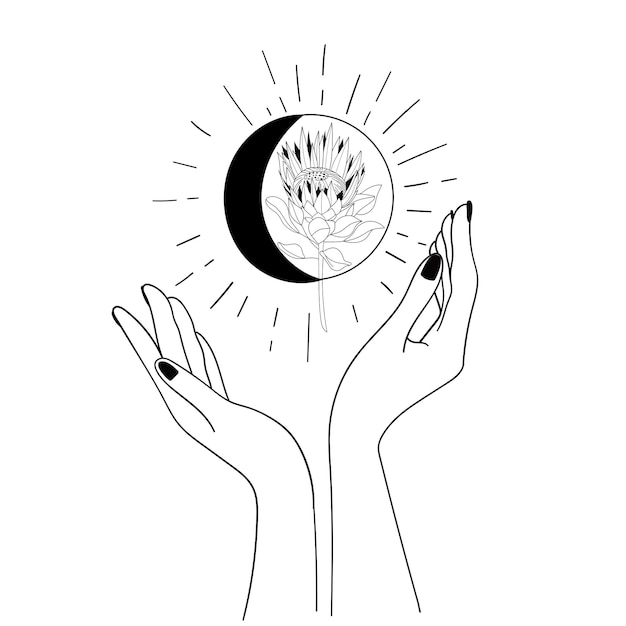 Mãos lua e sol mystic boho ilustração