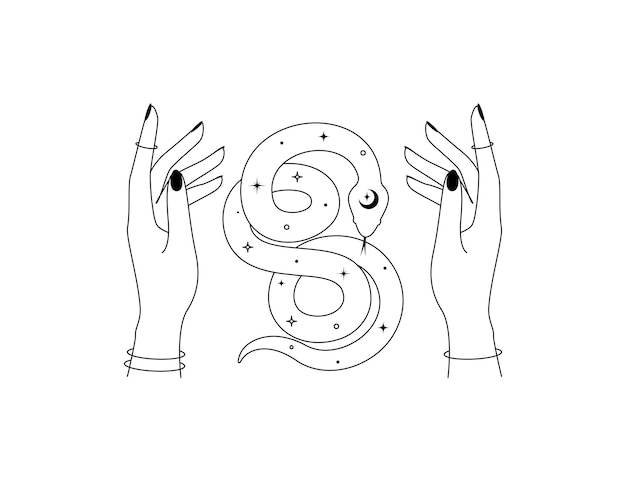 Mãos mágicas e cobra celestial em estilo de contorno Símbolo de serpente tribal espiritual para logotipo de nome de marca Serpente de silhueta mística esotérica para artesanato de bruxa mágica ilustração vetorial