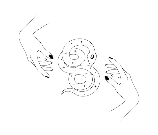 Mãos mágicas e cobra celestial no estilo de contorno Símbolo tribal espiritual para o logotipo do nome de marca Serpente de silhueta mística esotérica para artesanato de bruxa mágica Doodle ilustração vetorial