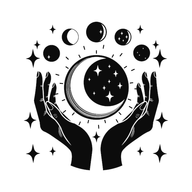 Mãos mágicas místicas estrela da lua desenhada à mão ilustração vetorial isolada desenho de fundo Boho para p