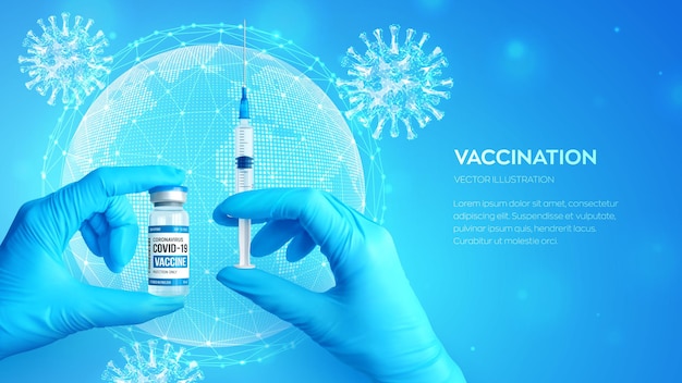 Mãos nas luvas azuis médicas segurando o frasco de vidro médico para injeção e a seringa com a vacina. vacina de coronavírus covid-19. conceito de vacinação. globo, mapa-múndi. células de vírus. vetor realista.