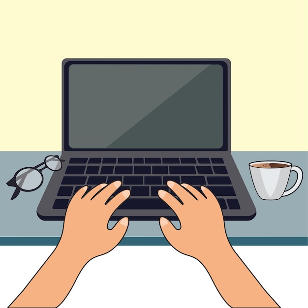 Mãos no teclado do portátil com monitor de tela em branco para ver a mesa de estudo com xícara de café do portátil