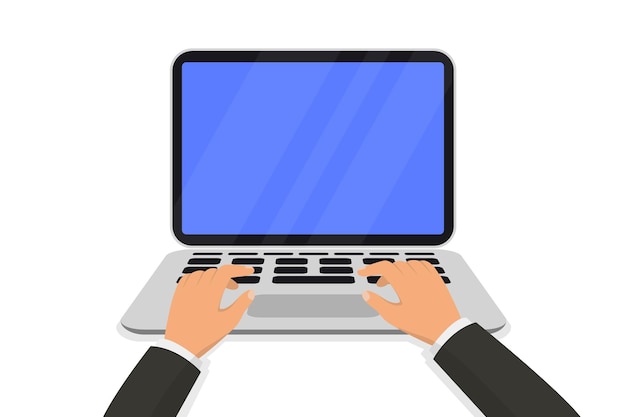 Mãos no trabalho no teclado do laptop Local de trabalho com a tela do monitor em branco na mesa Mãos no teclado do laptop O conceito de trabalhar em um laptop Ilustração em vetor