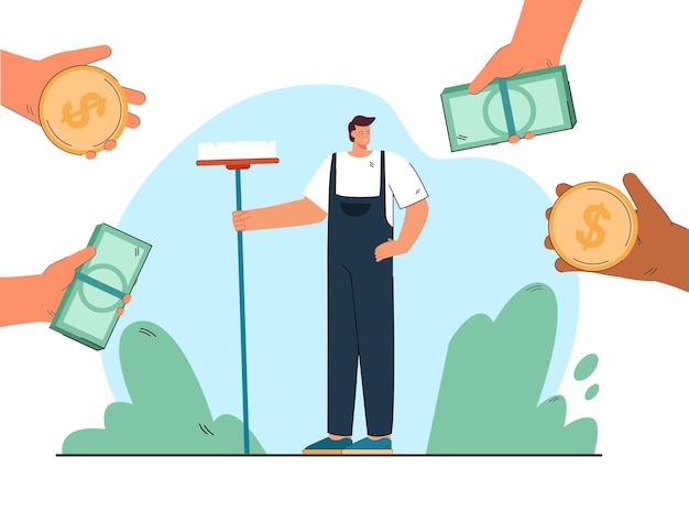 Mãos oferecendo notas e moedas para limpar com esfregão. pessoas dando dinheiro ao homem em ilustração vetorial plana uniforme. serviço de limpeza, conceito de finanças para banner, design de site ou página de destino
