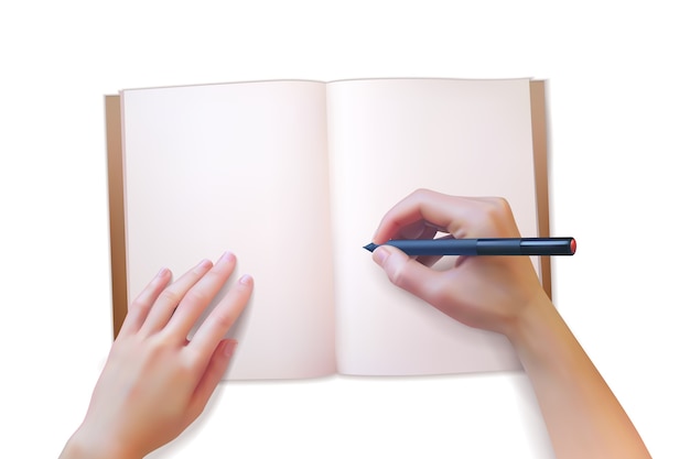 Mãos realistas escrevem em um caderno aberto