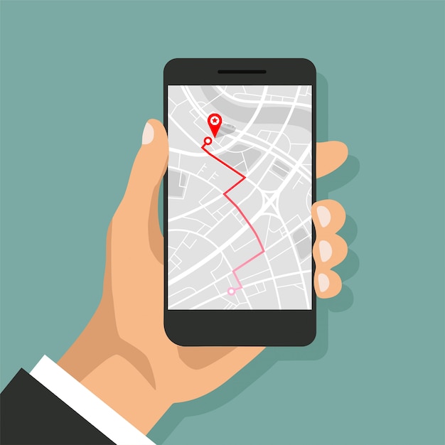 Mãos segura smartphone com navegação de mapa em uma tela. Navegador GPS com ponta vermelha. Mapa da cidade com marcadores de pontos. Ilustração vetorial
